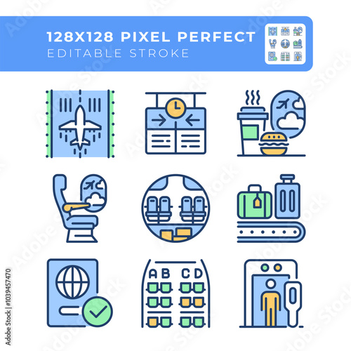 Airport services RGB color icons set. Passenger experience and airport operations. Travel logistics. Isolated vector illustrations. Simple filled line drawings collection. Editable stroke