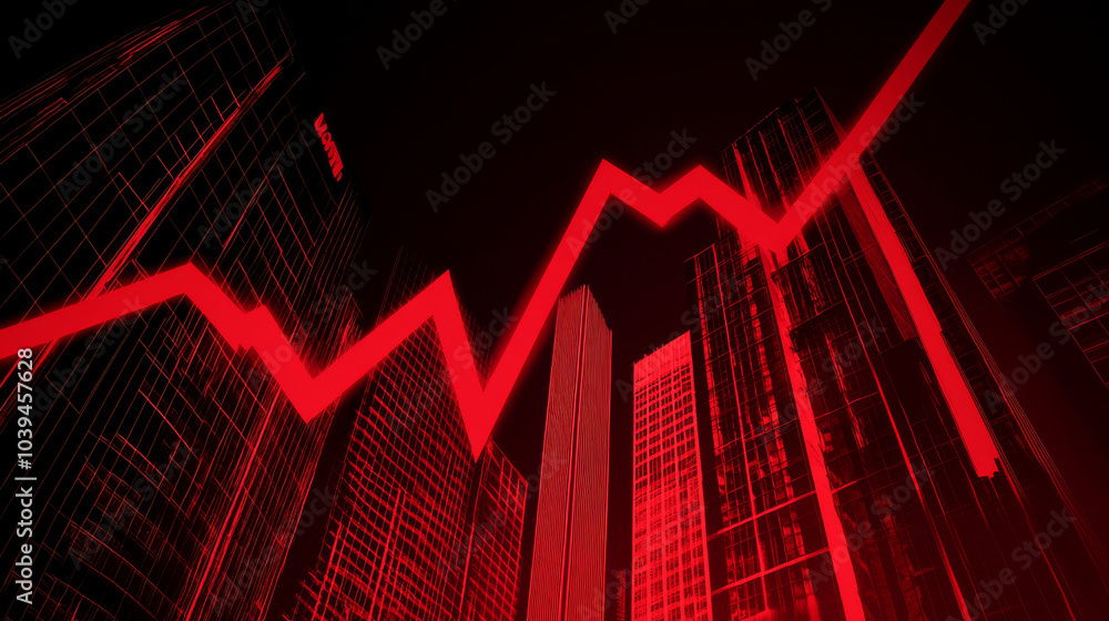 The image shows a red graph going down, with buildings in the background. This symbolizes a downturn in the real estate and commercial property markets. The image shows a red graph going down, with buildings in the background. This symbolizes a downturn in the real estate and commercial property markets.