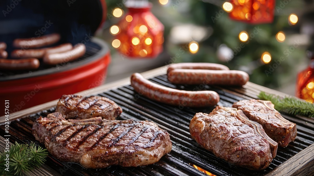 Grilled steak and sausages on a barbecue with festive decorations. Grilled steak and sausages on a barbecue with festive decorations.