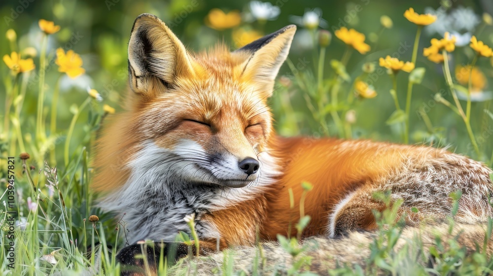 Serene Red Fox Resting in a Colorful Meadow Serene Red Fox Resting in a Colorful Meadow