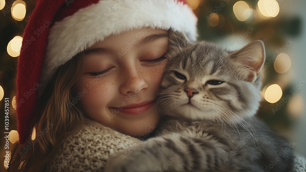 Happy Girl in Santa Hat Holding Cat by Christmas Tree. Happy Girl in Santa Hat Holding Cat by Christmas Tree.