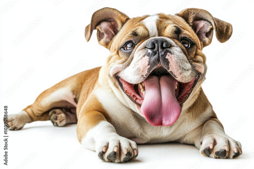 Bulldog with tongue out laying on white background, isolate, Bulldog with tongue out laying on white background, isolate,