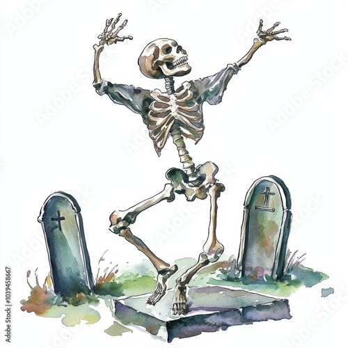 watercolor painting of a skeleton dancing in a spooky graveyard, on isolated white background