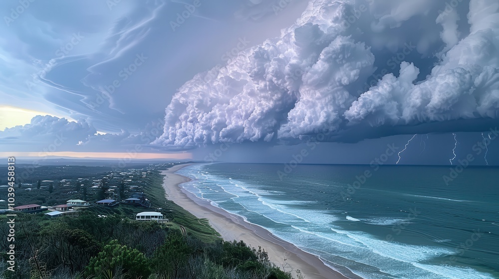 Approaching Thunderstorm Over Coastal Town Approaching Thunderstorm Over Coastal Town
