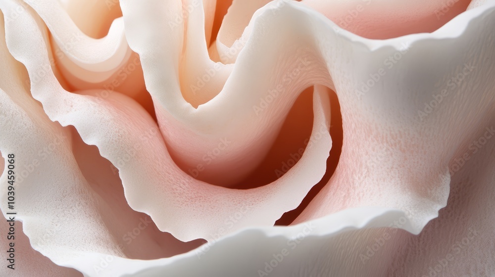 A close-up of a white flower with a pink center and a lighter pink pompom-like structure in its heart A close-up of a white flower with a pink center and a lighter pink pompom-like structure in its heart