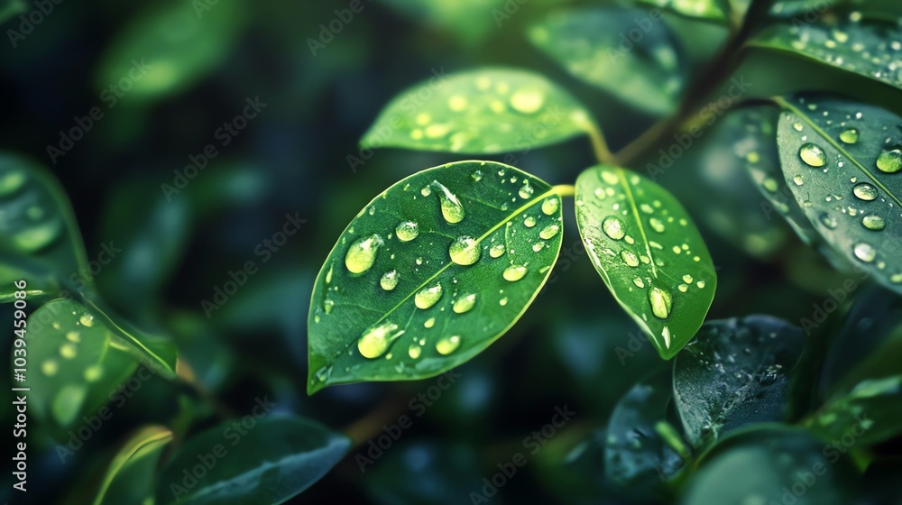 Green leaves with water droplets close up Green leaves with water droplets close up