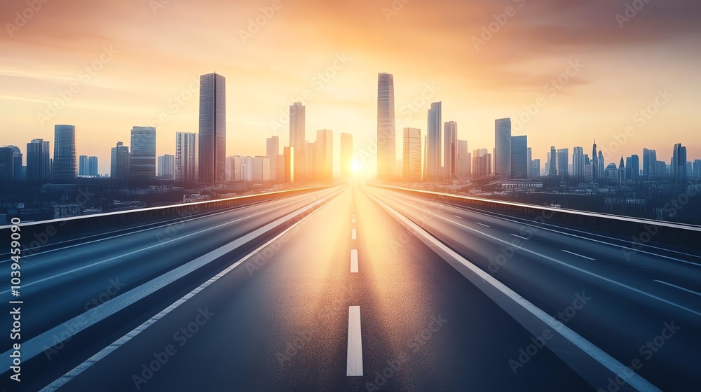 Obraz premium Highway leading to city skyline at sunrise.