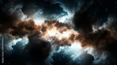  A black-and-white image of clouds and stars in the night sky; stars dot the background