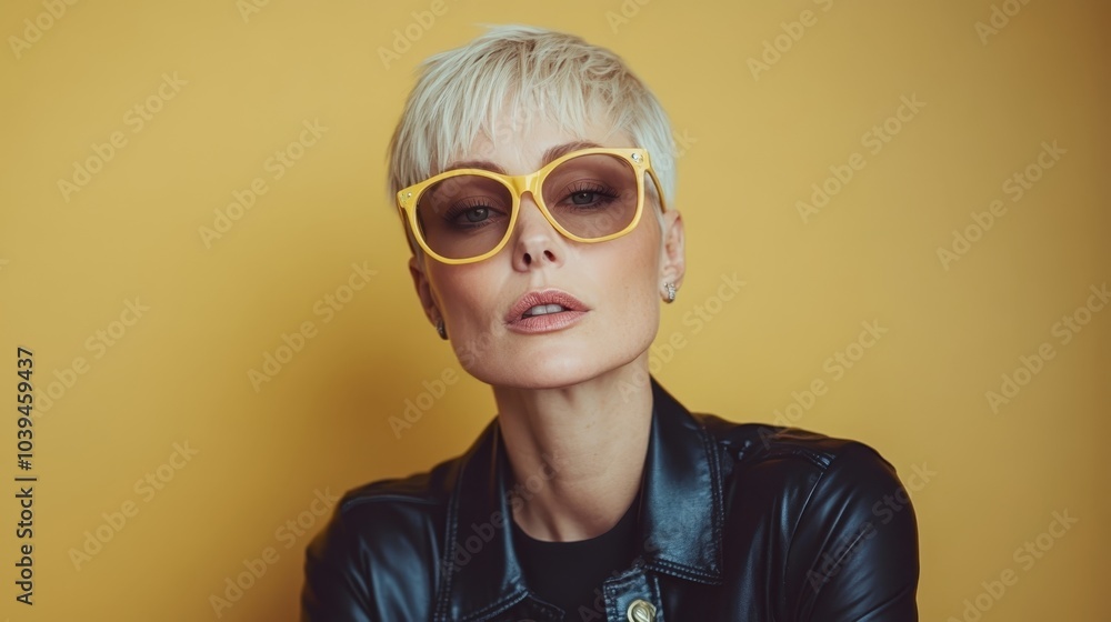 A woman dons a black leather jacket and yellow sunglasses, her hair is styled in an extravagant manner A woman dons a black leather jacket and yellow sunglasses, her hair is styled in an extravagant manner