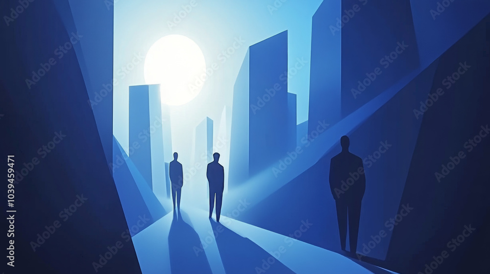 A modern, tech-inspired design with shadowy figures against a blue, geometric backdrop. Perfect for a website landing page. A modern, tech-inspired design with shadowy figures against a blue, geometric backdrop. Perfect for a website landing page.