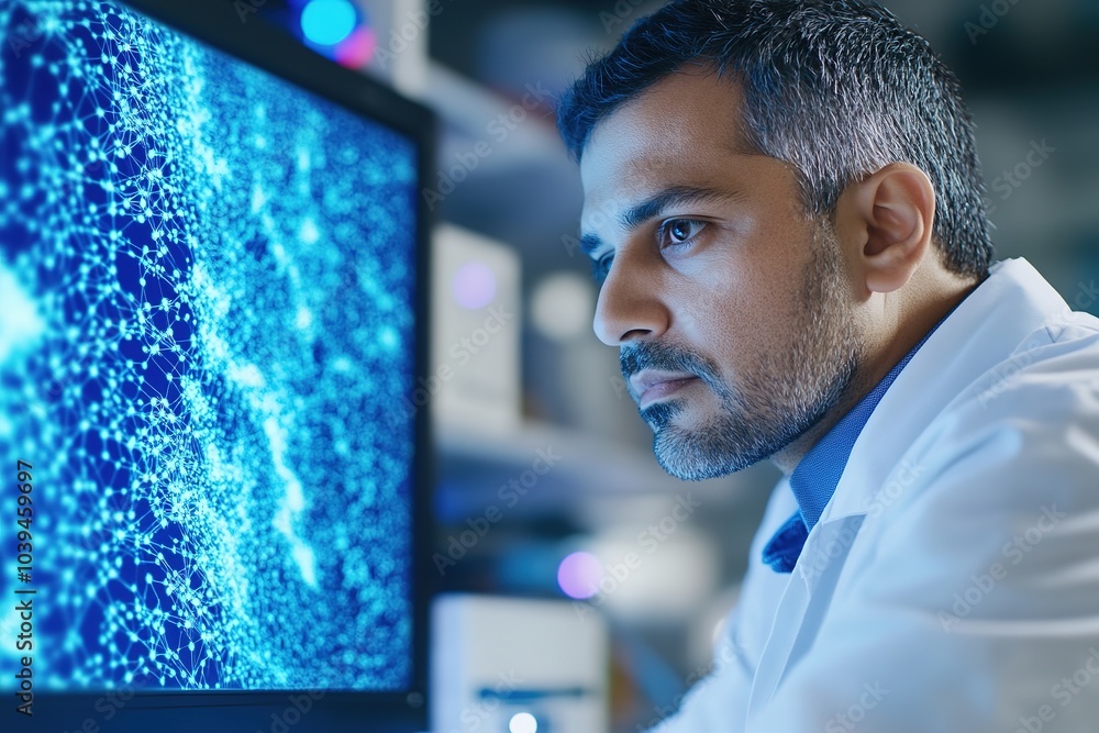 Scientist analyzing DNA data on computer screen Scientist analyzing DNA data on computer screen