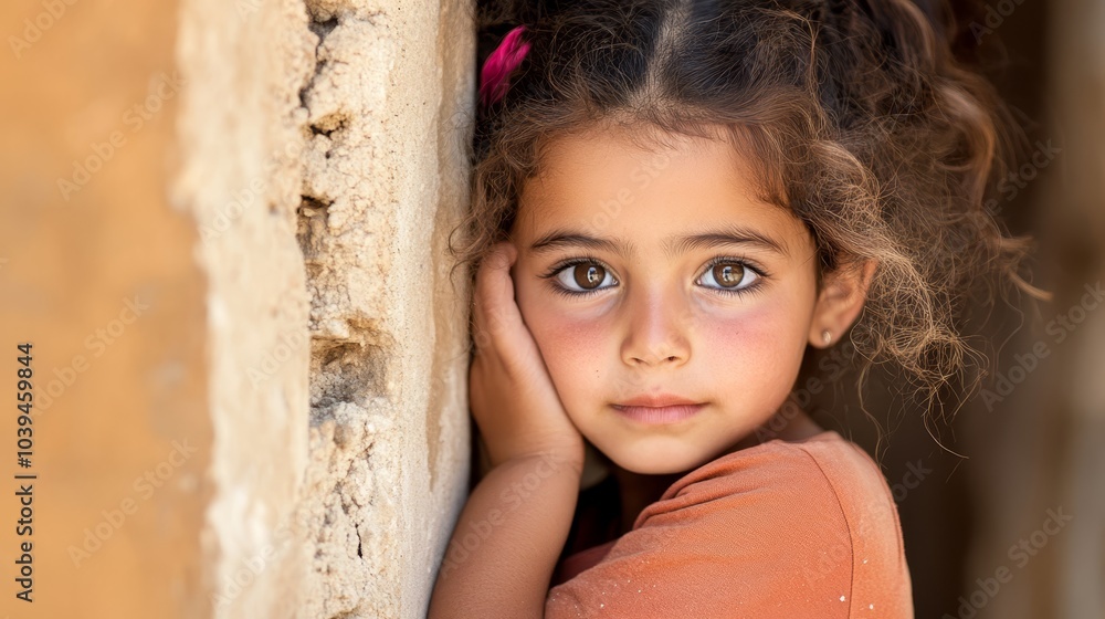 Fototapeta premium A serious-looking little girl leans against a wall, supporting her head with one hand while gazing at the camera