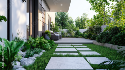 A serene backyard garden featuring a stone pathway leading to a modern seating area surrounded by lush greenery in bright daylight