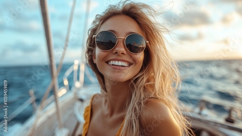 A woman with blonde hair and sunglasses is smiling on a boat