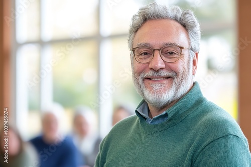 Smiling mature man in green sweater with glasses photo