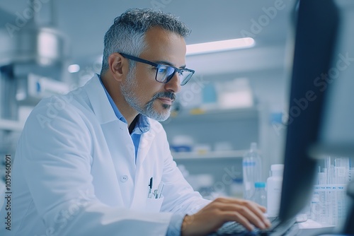 Scientist in lab coat analyzing data on computer