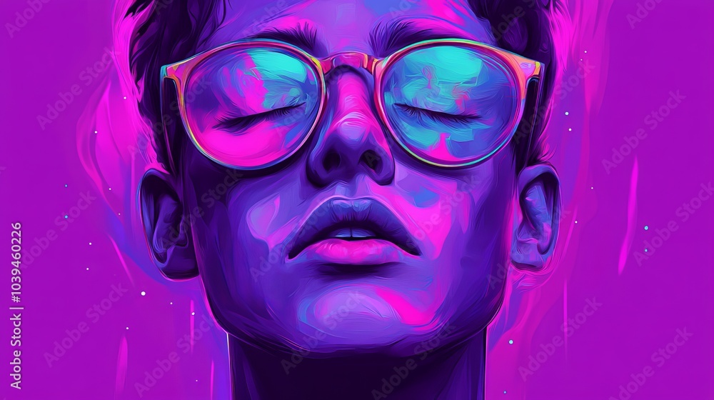 A painting of a man in glasses, with eyes closed and head turned to the side A painting of a man in glasses, with eyes closed and head turned to the side