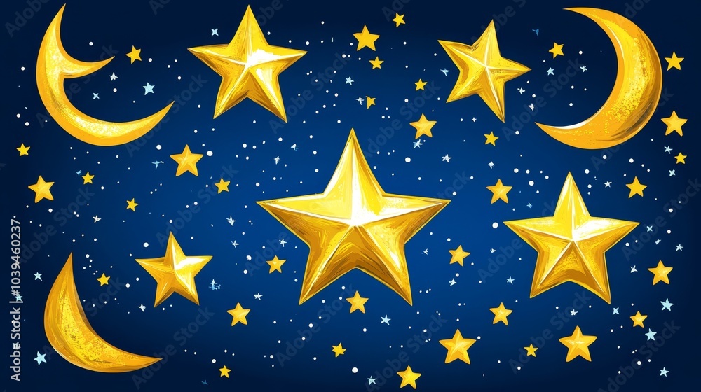 A collection of gold stars and crescent moons dot the blue night sky, adorned with scattered stars and a luminous moon A collection of gold stars and crescent moons dot the blue night sky, adorned with scattered stars and a luminous moon