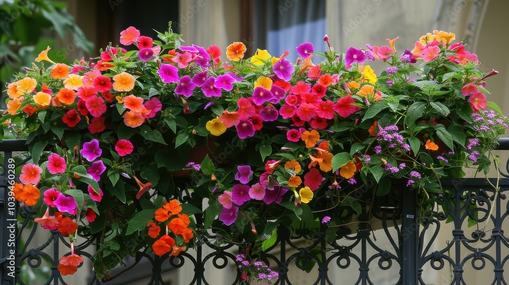 Fototapeta premium Vibrant Balcony Filled with Flowering Creepers