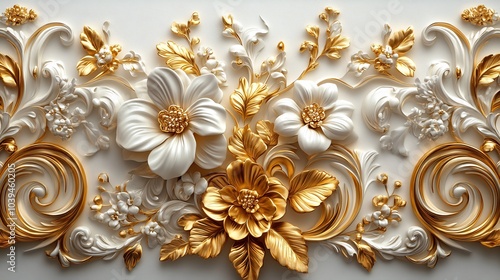 Richly detailed 3D golden Baroque filigree featuring swirling floral patterns and elegant leaf motifs framed by rococostyle scrolls set against a clean white backdrop for an opulent appearance