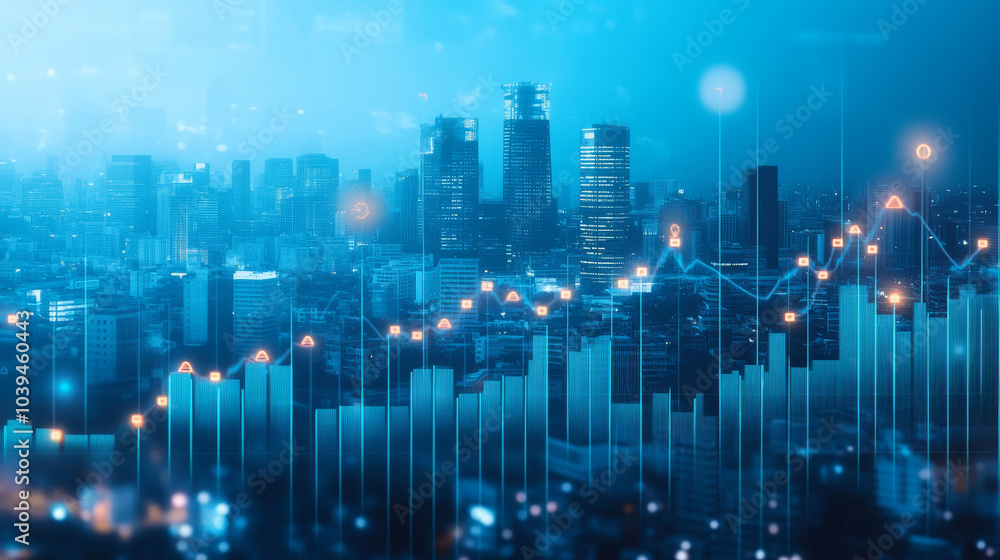 The image shows a city skyline with financial graphs and market indicators overlaid, representing real estate development and investing in a digital world. The image shows a city skyline with financial graphs and market indicators overlaid, representing real estate development and investing in a digital world.