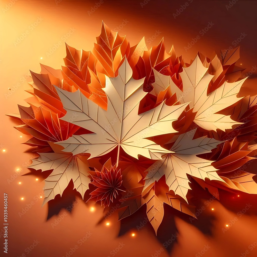 Obraz premium 3D papercraft maple leaves on a burnt orange background with warm, ambient lighting.