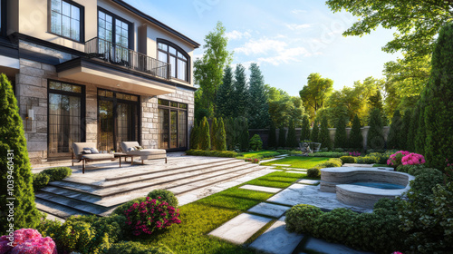 Elegant garden view of a modern residential home with manicured lawns and diverse plantings in bright daylight