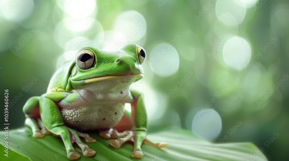 Vibrant Green Frog Perched on Leaf in Nature Vibrant Green Frog Perched on Leaf in Nature