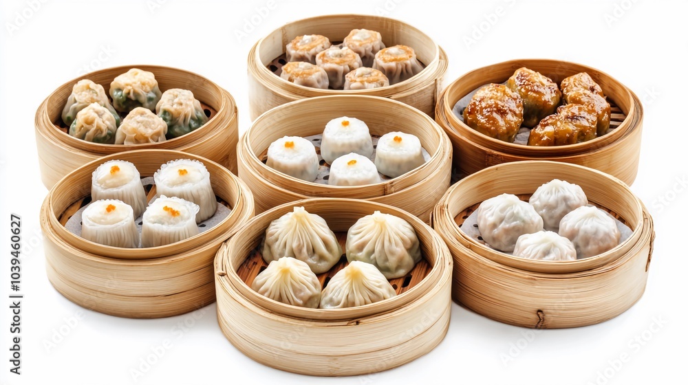 Bamboo steamers filled with various dim sum, such as dumplings and buns, arranged beautifully Bamboo steamers filled with various dim sum, such as dumplings and buns, arranged beautifully