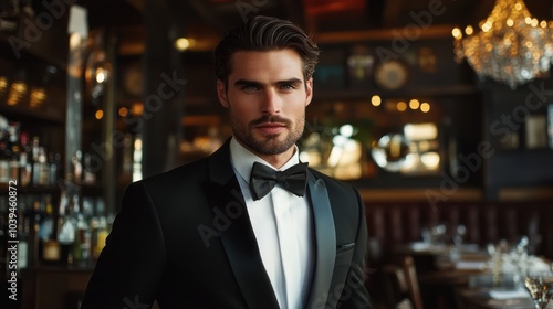 A man in a tuxedo is standing in front of a bar