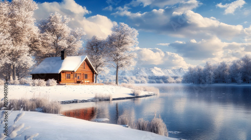 A tranquil winter landscape featuring a log cabin by a frozen lake surrounded by snow-covered trees during a clear day