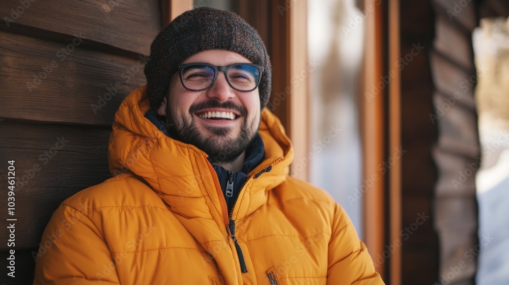 A man in a yellow jacket is smiling and wearing glasses