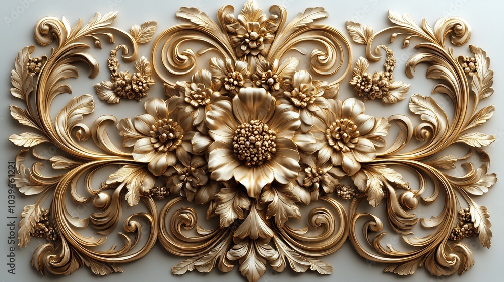 Richly detailed 3D golden Baroque filigree featuring swirling floral patterns and elegant leaf motifs framed by rococostyle scrolls set against a clean white backdrop for an opulent appearance Richly detailed 3D golden Baroque filigree featuring swirling floral patterns and elegant leaf motifs framed by rococostyle scrolls set against a clean white backdrop for an opulent appearance