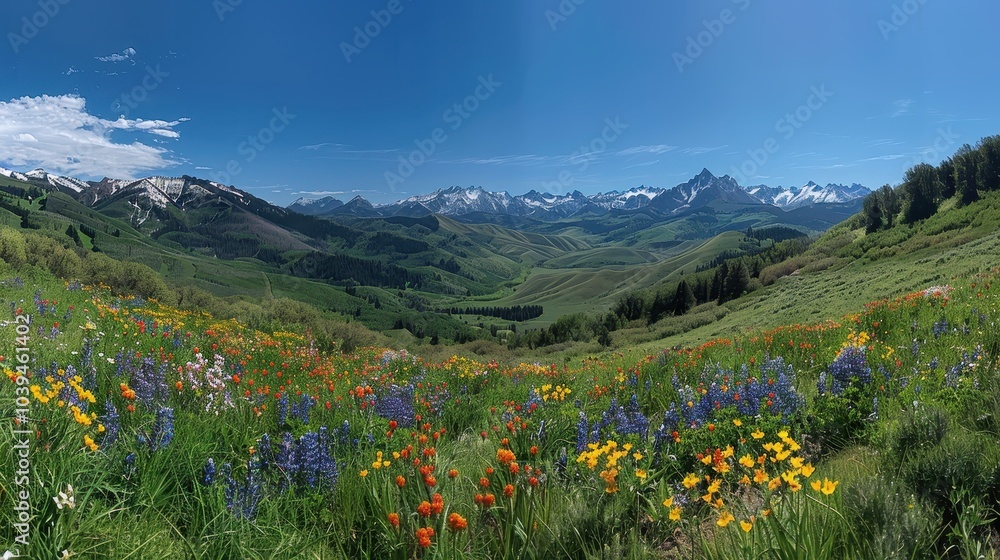 Scenic Mountain Valley with Colorful Wildflowers Scenic Mountain Valley with Colorful Wildflowers