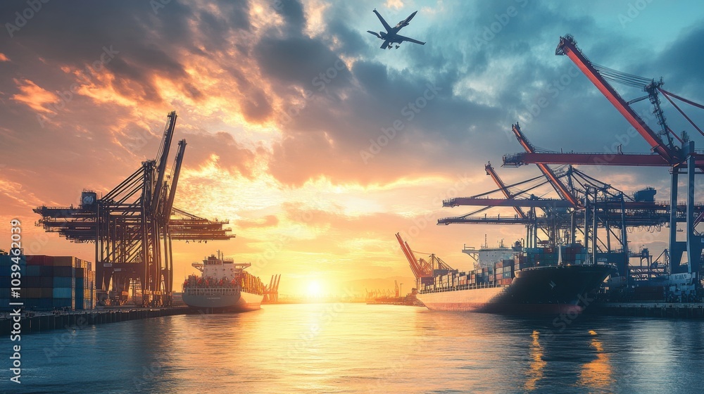 Fototapeta premium A bustling modern port waking up to the first light of day, with cranes and ships ready for loading under a brilliant sunrise, symbolizing the dawn of a new era in global commerce