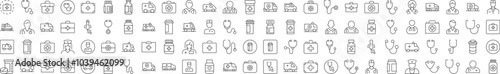Doctor, Hospital, Stethoscope, Ambulance, Drugs Related Linear Illustrations Drawn with Thin Line for Interface, Booklets, Cards, Posts, Infographics