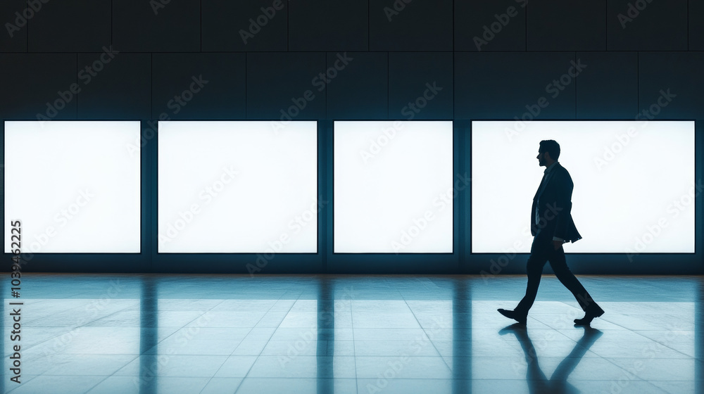 A businessman walks past empty, glowing screens in a dark room. The screens are blank, perfect for displaying your logo or message. The floor is shiny and reflective. A businessman walks past empty, glowing screens in a dark room. The screens are blank, perfect for displaying your logo or message. The floor is shiny and reflective.
