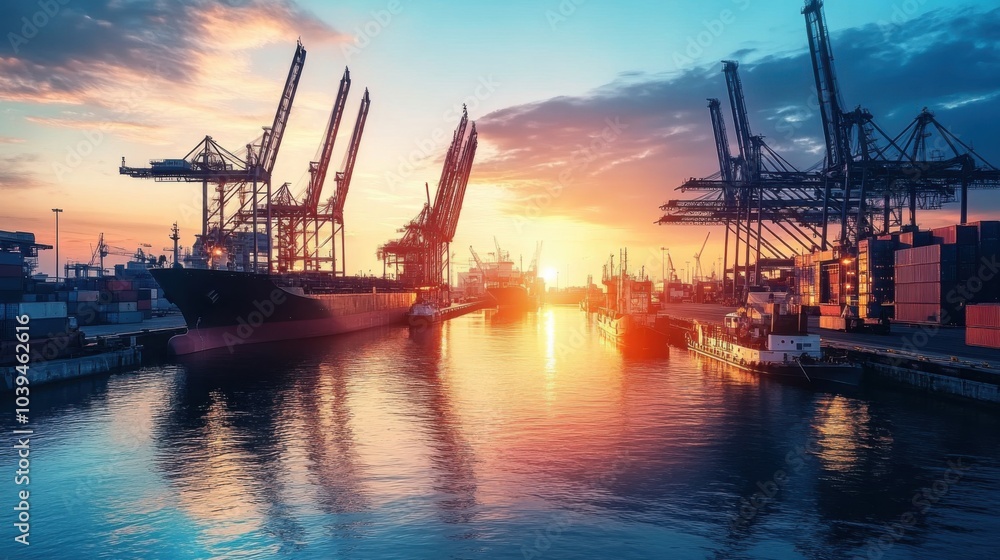 Obraz premium A bustling modern port waking up to the first light of day, with cranes and ships ready for loading under a brilliant sunrise, symbolizing the dawn of a new era in global commerce