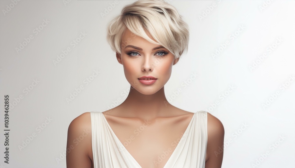 studio portrait of a blonde model with short hair wearing a low cut white dress with nude shoulders on white background, fashion photography