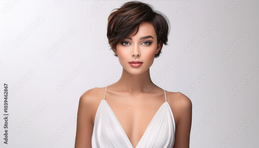 studio portrait of a brunette model with short hair wearing a low cut white dress with nude shoulders on white background, fashion photography studio portrait of a brunette model with short hair wearing a low cut white dress with nude shoulders on white background, fashion photography