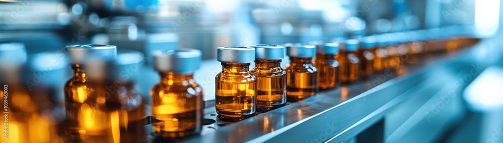 Row of Amber Glass Bottles on a Production Line in a Pharmaceutical Manufacturing Facility Row of Amber Glass Bottles on a Production Line in a Pharmaceutical Manufacturing Facility