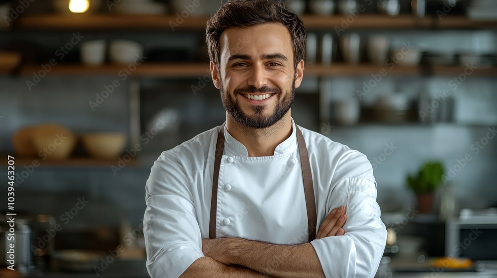 A smiling chef stands in a kitchen with apron on and arms crossed A smiling chef stands in a kitchen with apron on and arms crossed