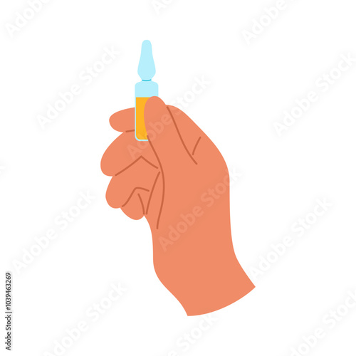 Simple vector hand holding an injection ampoule, medical concept