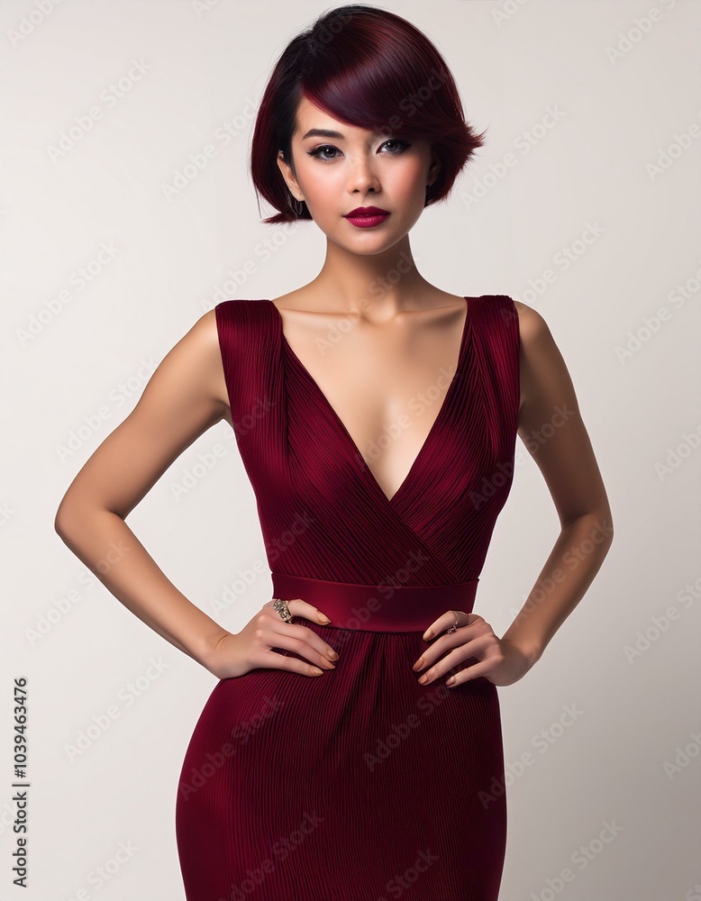 studio portrait of a brunette model with short hair wearing a low cut red bordeaux dress with nude shoulders on white background, fashion photography studio portrait of a brunette model with short hair wearing a low cut red bordeaux dress with nude shoulders on white background, fashion photography