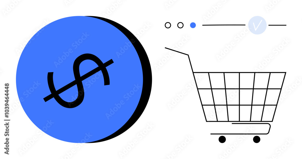 Shows shopping cart and dollar sign in blue circle. Ideal for e-commerce, online shopping, finance, budgeting, and marketing. Simple, modern style Shows shopping cart and dollar sign in blue circle. Ideal for e-commerce, online shopping, finance, budgeting, and marketing. Simple, modern style