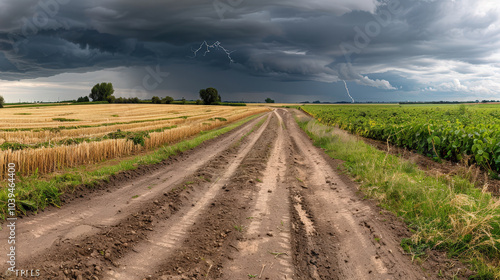 massive thunderstorm looms over countryside, with dark clouds and flashes of lightning illuminating sky. dirt road stretches through fields of harvested crops and lush greenery, creating dramatic