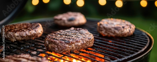 Grilling delicious beef burgers over hot coals with warm lights in the background.