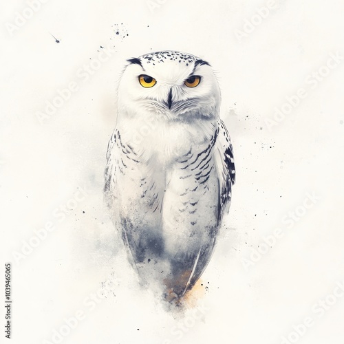 A majestic owl with striking yellow eyes, set against a soft, abstract background. photo