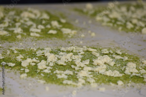 katmer preparation in progress. Turkish dessert with pistachio