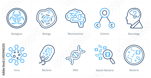 A set of 10 Science and Experiment icons as biological, biology, neuroscience